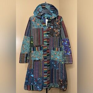 NWT KATHMANDU IMPORTS BOHO Vibrant Colorful Patchwork Hooded Coat. Size S/M.